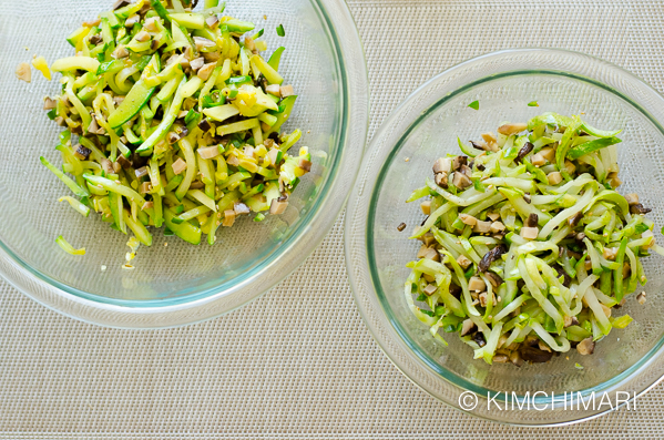 2 kinds of vegetarian dumpling stuffings - one bowl with cucumbers and other bowl with zucchini