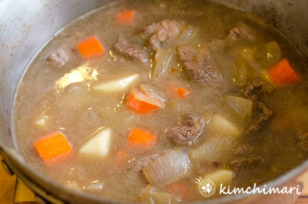 water added to pot with cooked vegetables and meat